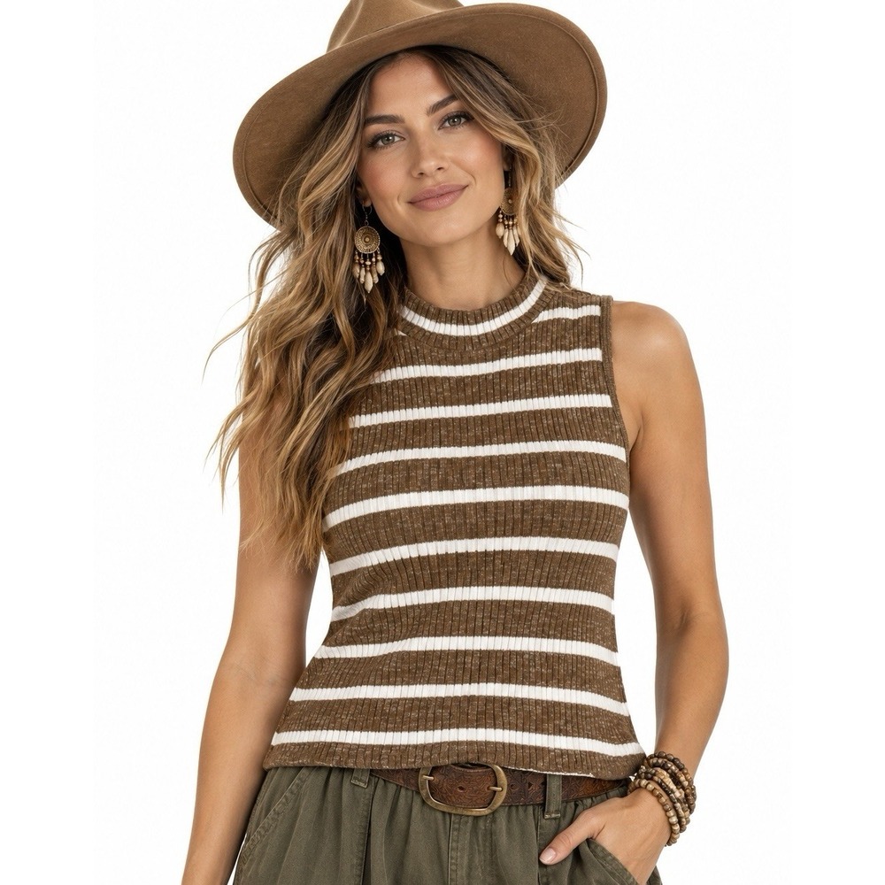 Old Navy Mock Neck Sleeveless Tank Top L Brown Striped Ribbed Boho Y2K Fall